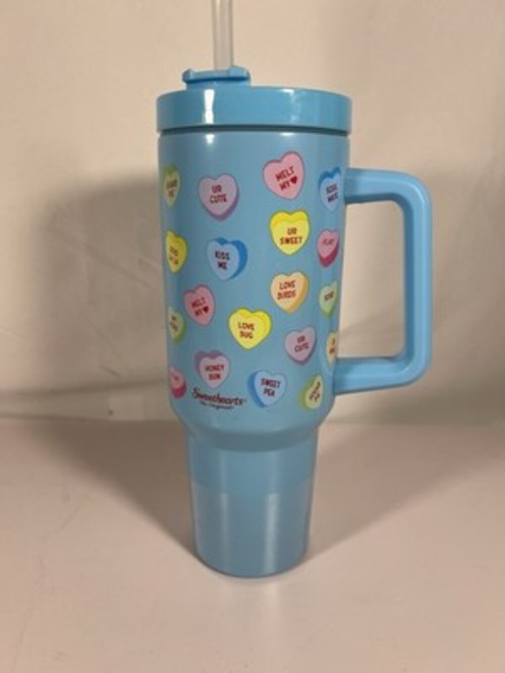 Sweethearts 42 oz Insulated Handle Mug Blue Hearts With Lid & Straw SWT250004